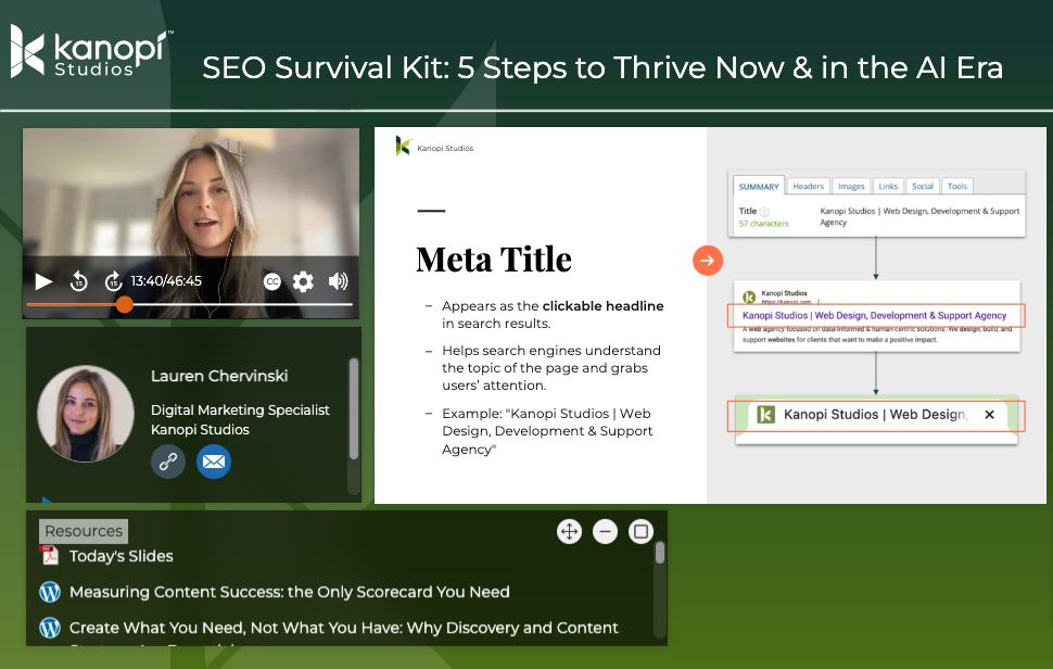Interface of the ON24 webinar platform showing Lauren Chervinski hosting her webinar about SEO.